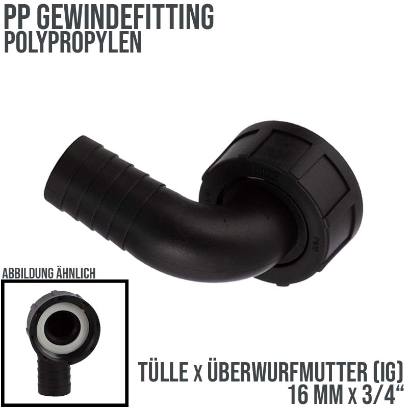 16 mm x 3/4 " PP Gewinde Fitting Winkel 90° Schlauch Tülle Stutzen ÜWM Innengewinde IG - PN 6 bar