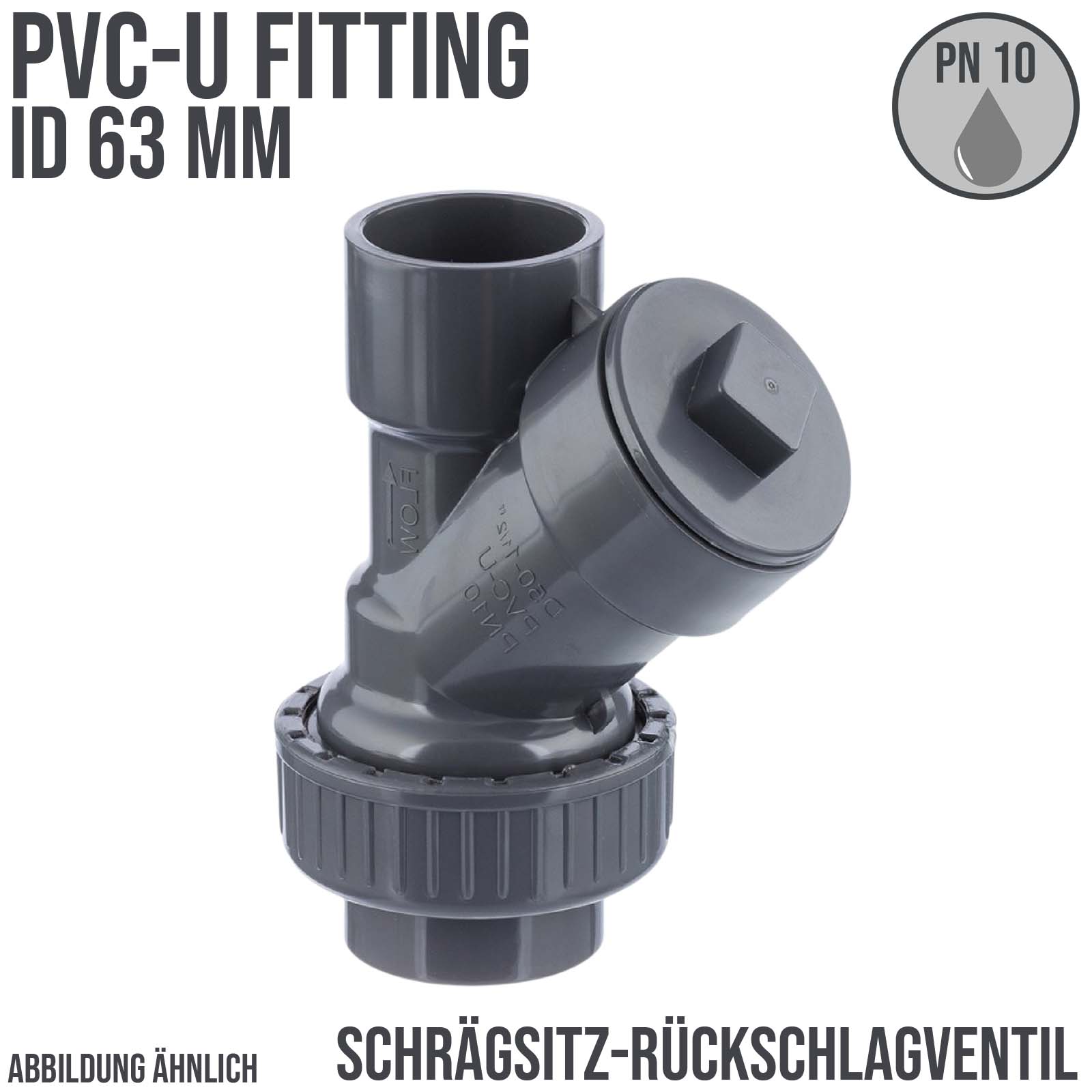 63 mm PVC Rückschlag Schrägsitz Y Ventil Kugel Klebe Muffe grau - PN 10 bar
