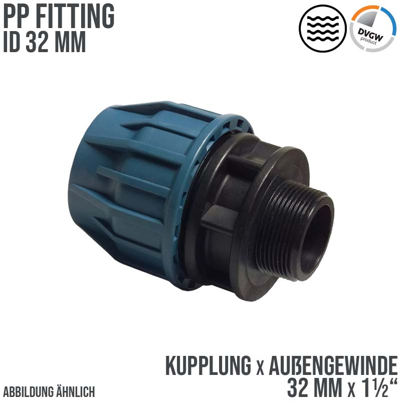 32 mm x 1 1/2" PE PP Fitting Klemm Verbinder Verschraubung Muffe Rohr Kupplung x AG DVGW - PN 16 bar
