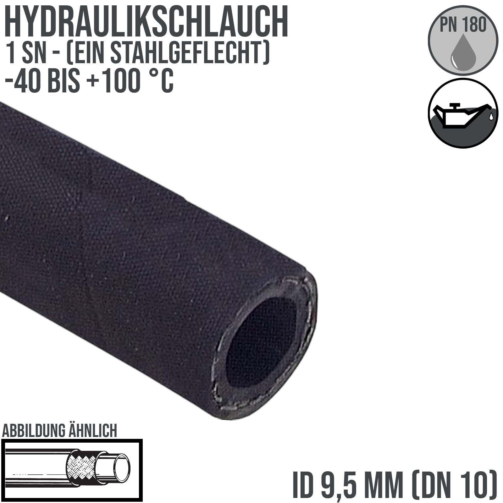 9,5 x 17 mm 1 SN DN 10 Hochdruck Hydraulik Wasser Kraftstoff Schlauch einfach Draht Einlage schwarz EN 853 - PN 180 bar