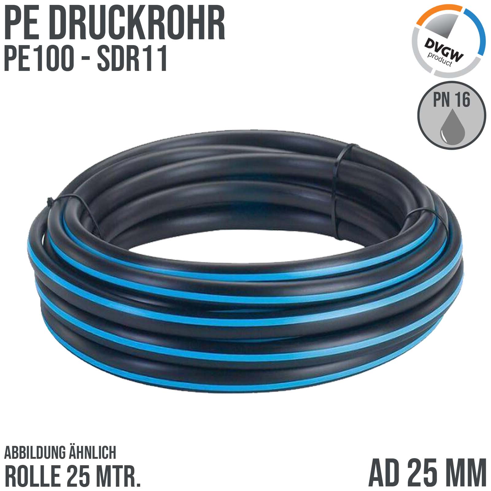 25 x 2,3 mm PE PP Rohr HD Druckrohr Trink Brauch Wasser PE 100 DVGW SDR 11 PN 12,5 bar - 25 m Rolle