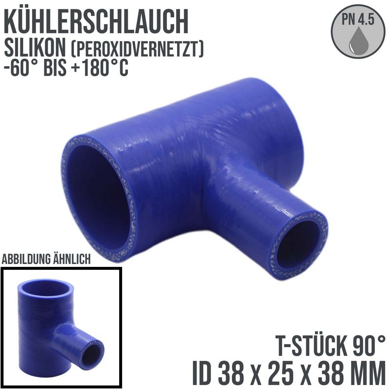 38 x 25 mm Kühlerschlauch T-Stück 90° Grad LLK Silikon Bogen Krümmer Verbinder Tülle Schlauch blau - Korpus 100 mm