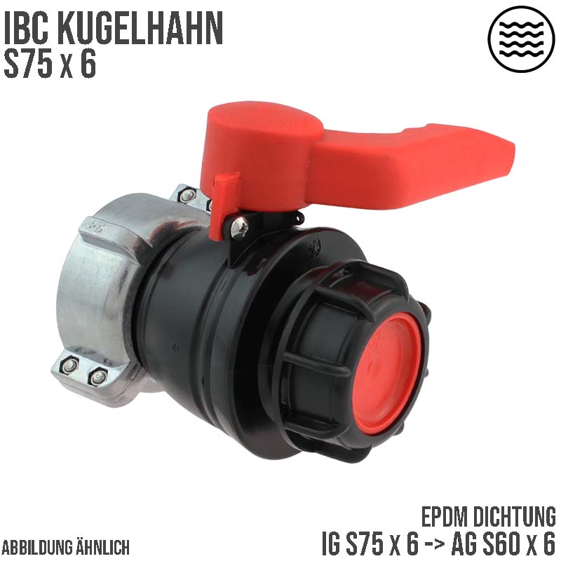 IBC S75 x 6 -> S60 x 6 Kugel Hahn rot Auslass Fass Ventil Container Tank Zubehör EPDM-Dichtung