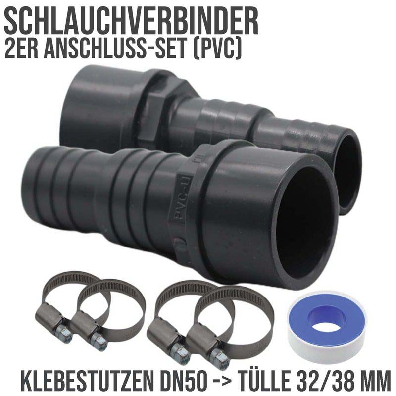 2er Set - PVC-U Schlauchverbinder - Klebestutzen DN 50 -> Schlauchtülle 32 / 38 mm.