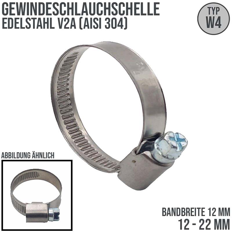 12 - 22 mm Schlauchschelle W4 Edelstahl AISI 316 Rohr Gewinde Schelle (Band 12 mm)