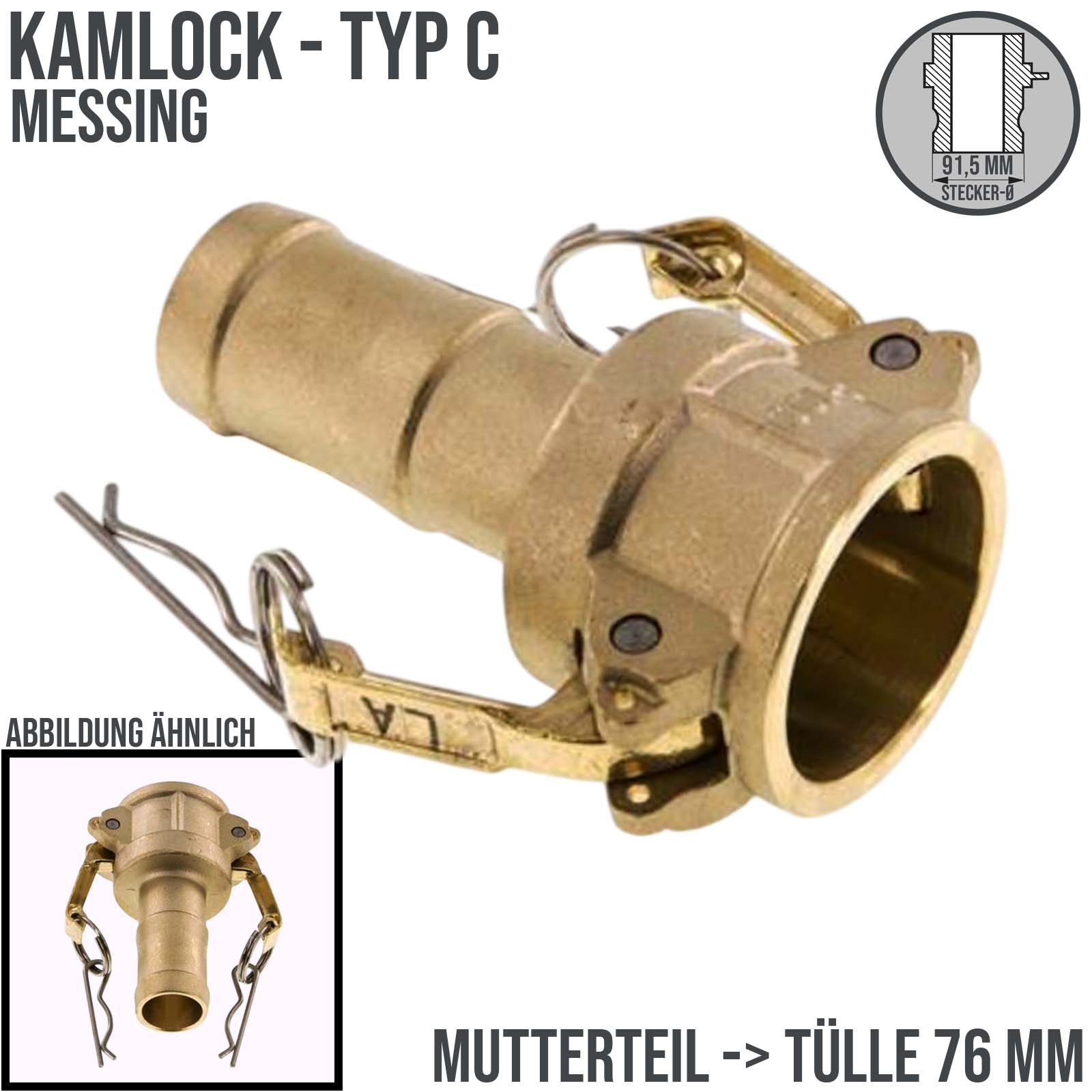 Kamlock Typ C - Mutterteil (91,5 mm) Messing MS -> Tülle 76 mm 3" Zoll DN75 DN80 - PN 10 bar