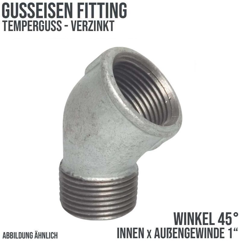 1" Gusseisen Temperguss Fitting Nr. 121 Winkel 45° Innen x Außengewinde IG x AG DVGW PN 25 bar