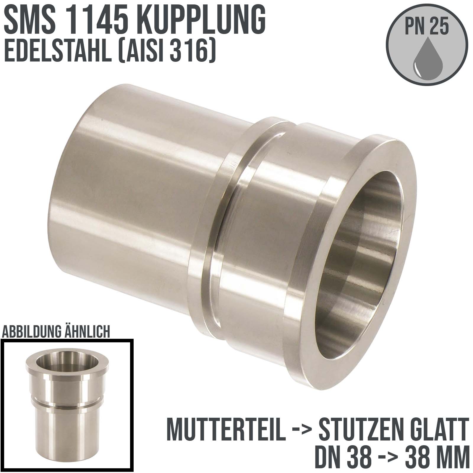 DN 40 SMS Kupplung 1145 Mutterteil MT Außengewinde Sicherungsbund - Stutzen glatt 40 mm - PN 25 bar