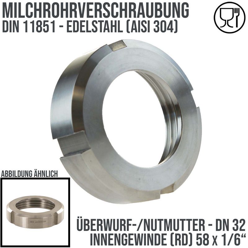 DN 32 Milchrohr Verschraubung DIN 11851 Überwurfmutter Innengewinde 58 x 1/6" - PN 25 bar