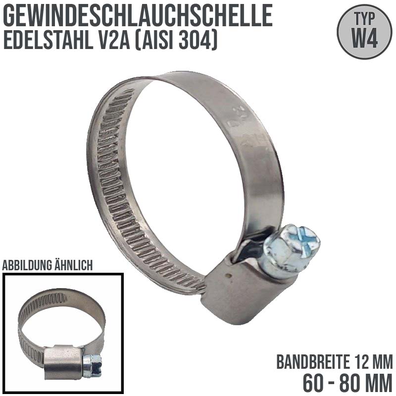 60 - 80 mm Schlauchschelle W4 Edelstahl AISI 316 Rohr Gewinde Schelle (Band 12 mm)