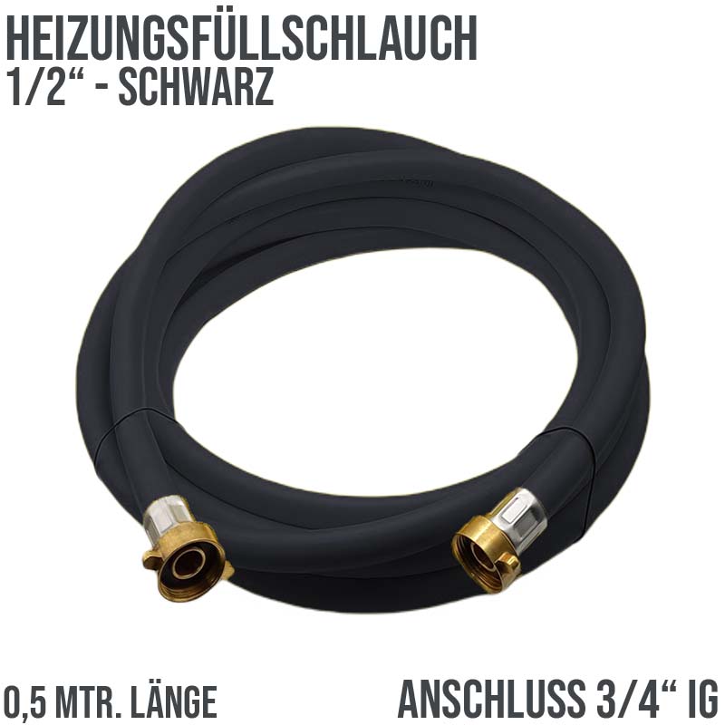 0,5 m Heizungs Füll Wasser Heizkörper Radiator Sanitär Schlauch schwarz - 3/4" Anschluss - PN 8 bar