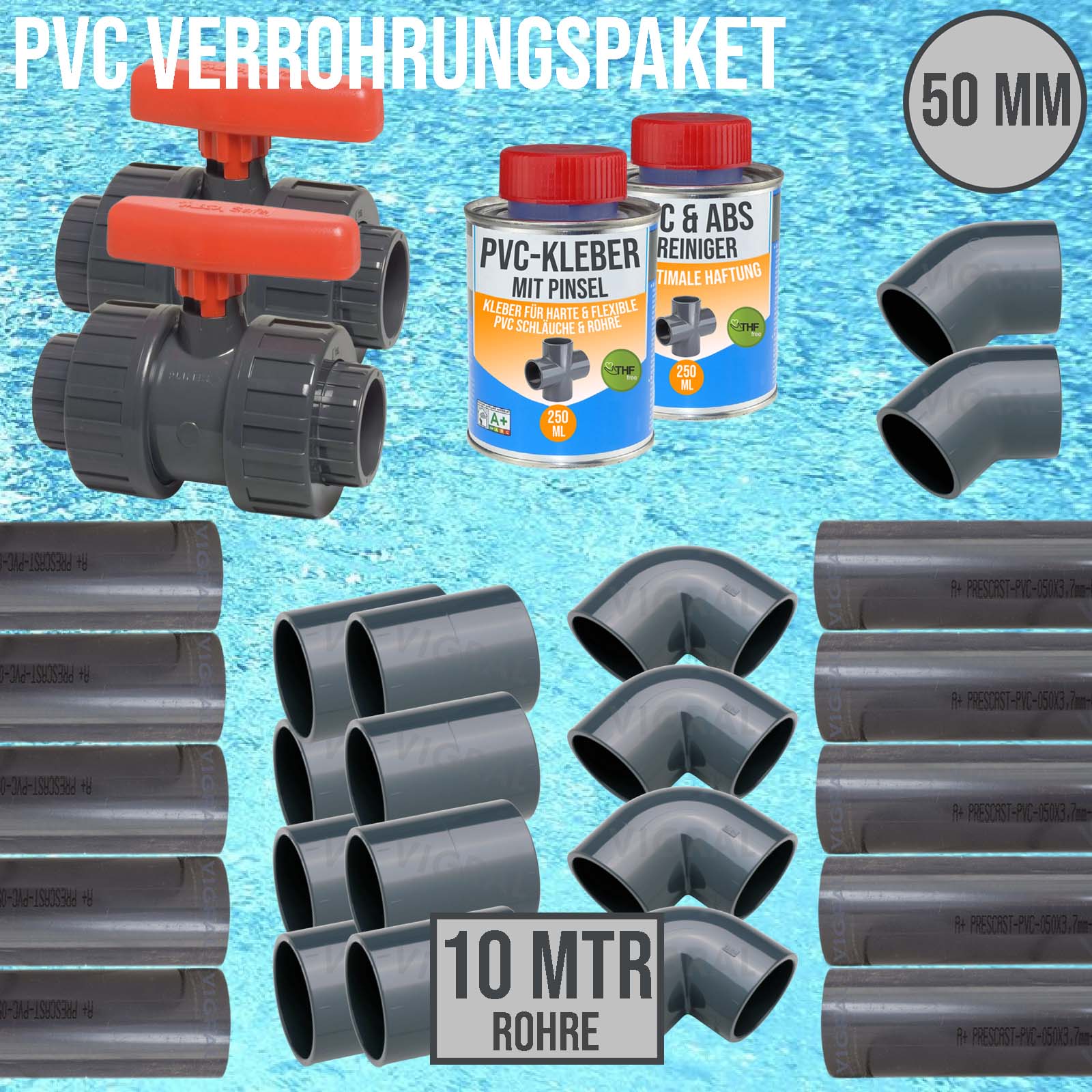 50 mm PVC Klebe Fittings Verrohrungspaket Pool Schwimmbad Schlauch Rohr FEST - 10 m - rot