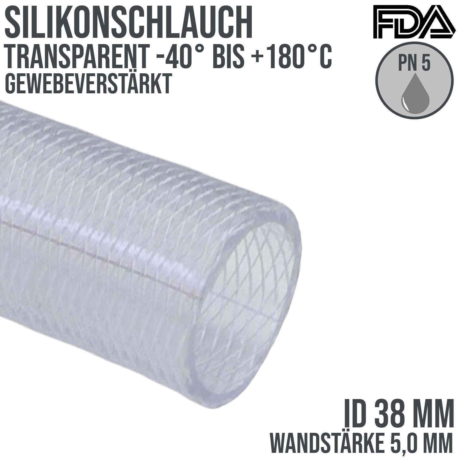 38 x 48 mm Silikon Silicon Schlauch Gewebe transparent lebensmittelecht FDA PN 8 bar