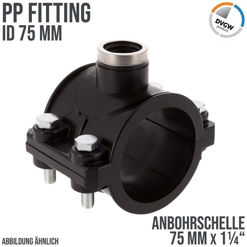 75 mm x 1 1/4" PP PE Anbohr Abzweig Schelle Klemmschale x Innengewinde DVGW - PN 16 bar