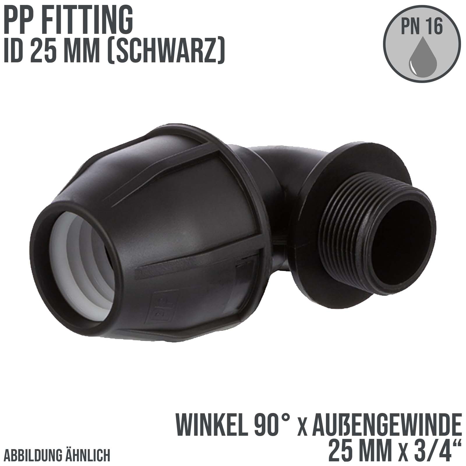 25 mm x 3/4" PE PP Fitting Klemm Verbinder Verschraubung Rohr Winkel 90° x AG schwarz - PN 16 bar 
