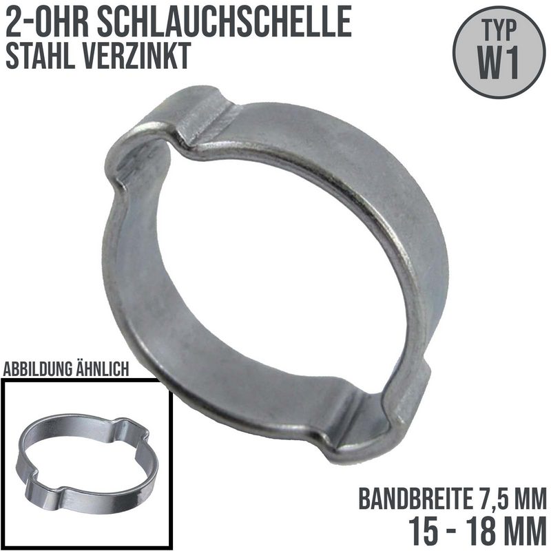 15 - 18 mm 2-Ohr Doppel Schlauch Schelle Stahl verzinkt W1 - Bandbr. 7,5 mm
