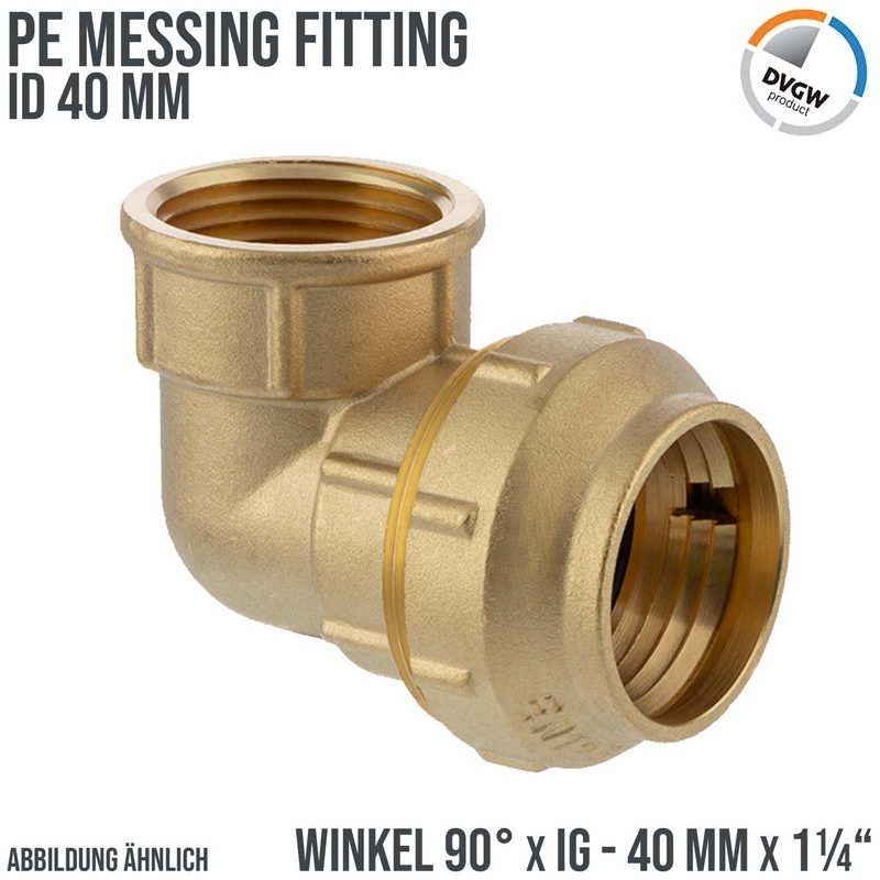 40 mm x 1 1/4" PE Fitting Klemm Verbinder Messing Verschraubung Muffe Winkel 90° x IG DVGW - PN 16 bar