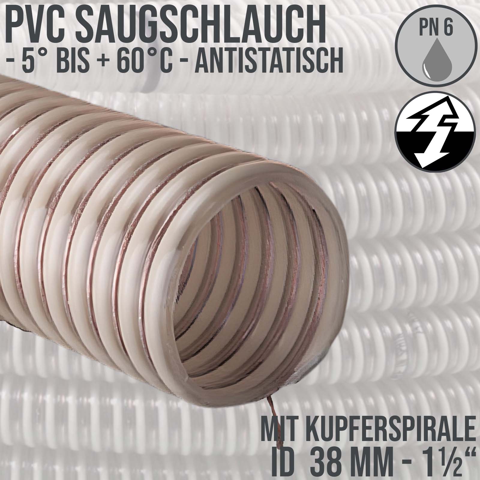 38 mm 1 1/2" Zoll Saug Ansaug Spiral Förder Pumpen Schlauch antistatisch Kupferdraht PN 6 bar