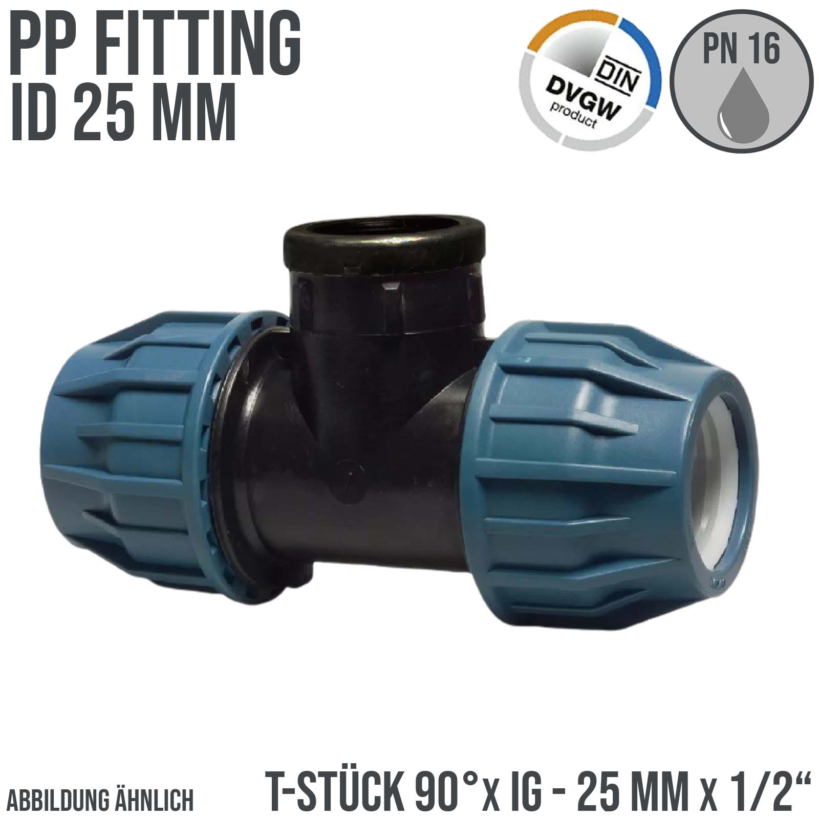 25 mm x 1/2" PE PP Fitting Klemm Verbinder Verschraubung Rohr T-Stück 90° x IG DVGW - PN 16 bar 