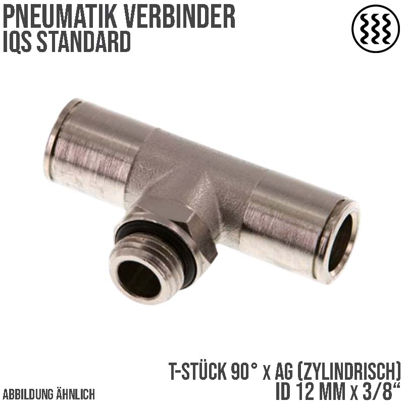 12 mm x 3/8" Pneumatik Steck Verbinder T-Stück 90° IQS MSV Messing Außengewinde zylindrisch - PN 16 bar