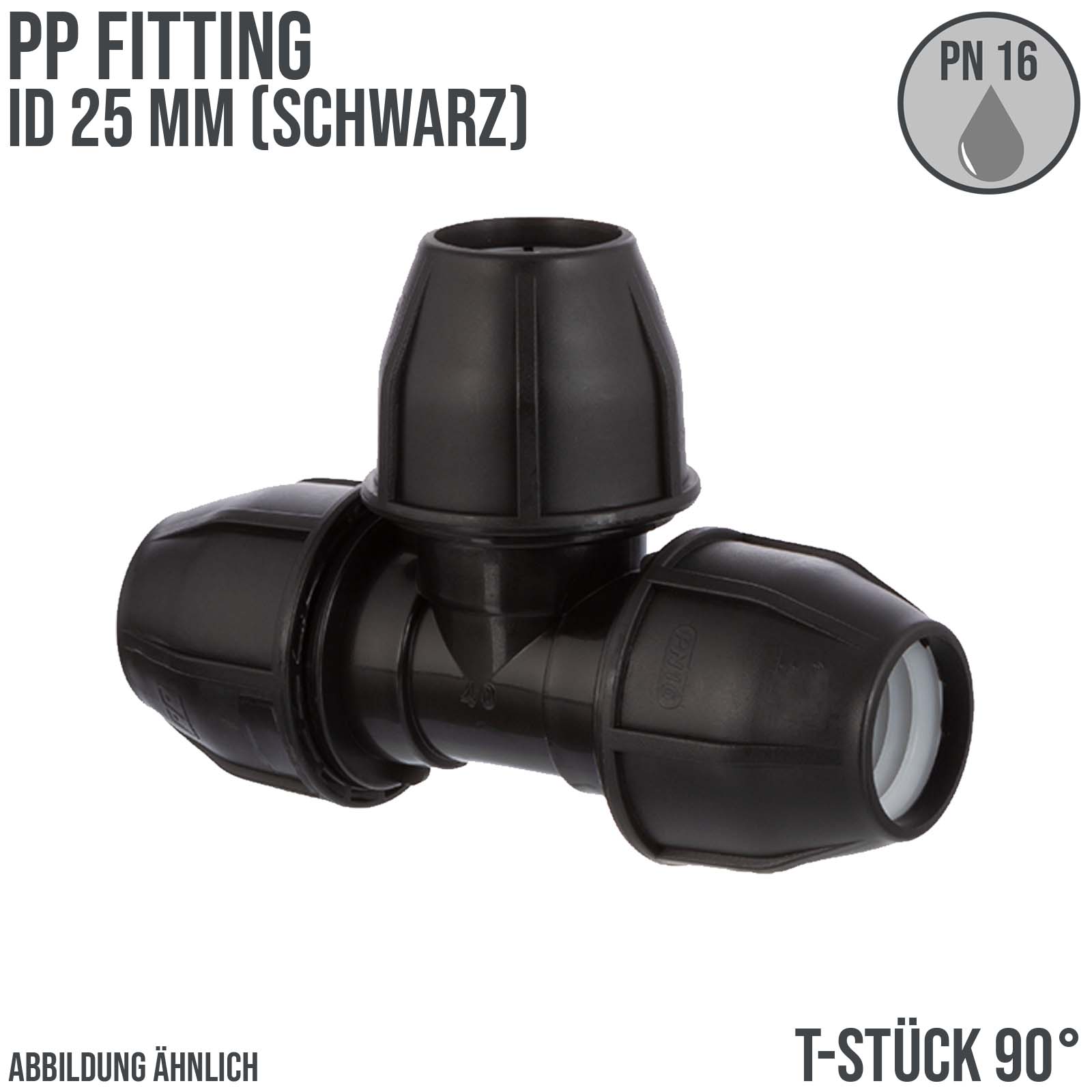 25 mm PE PP Fitting Klemm Verbinder Verschraubung Muffe Rohr T-Stück 90° schwarz - PN 16 bar