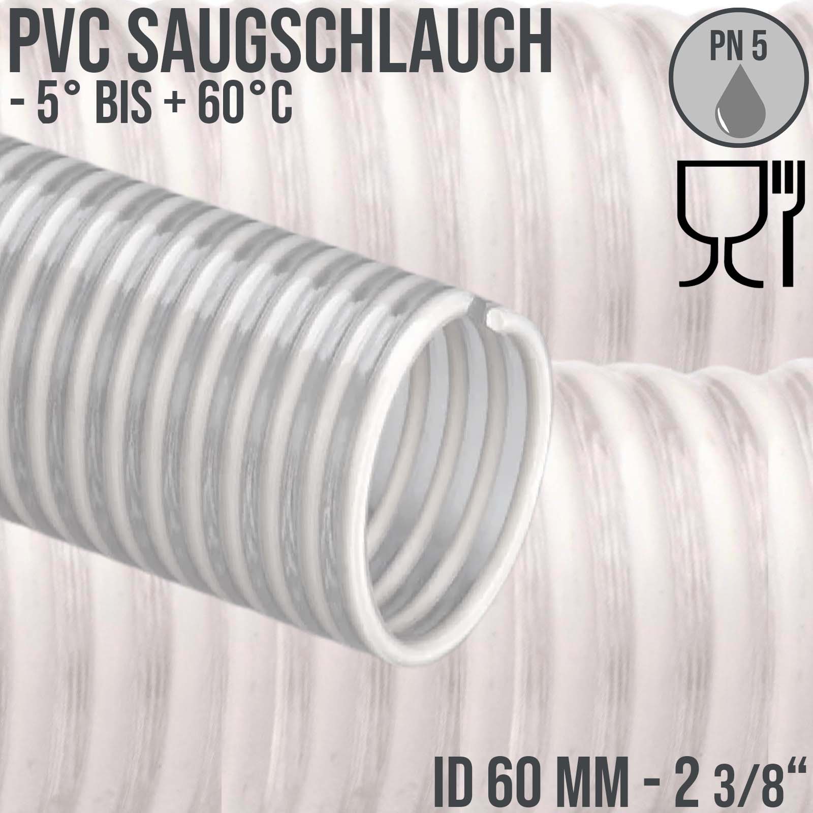 60 mm 2 3/8" Zoll Saug Ansaug Spiral Förder Pumpen Schlauch Lebensmittel Saatgut weiß PN 5 bar
