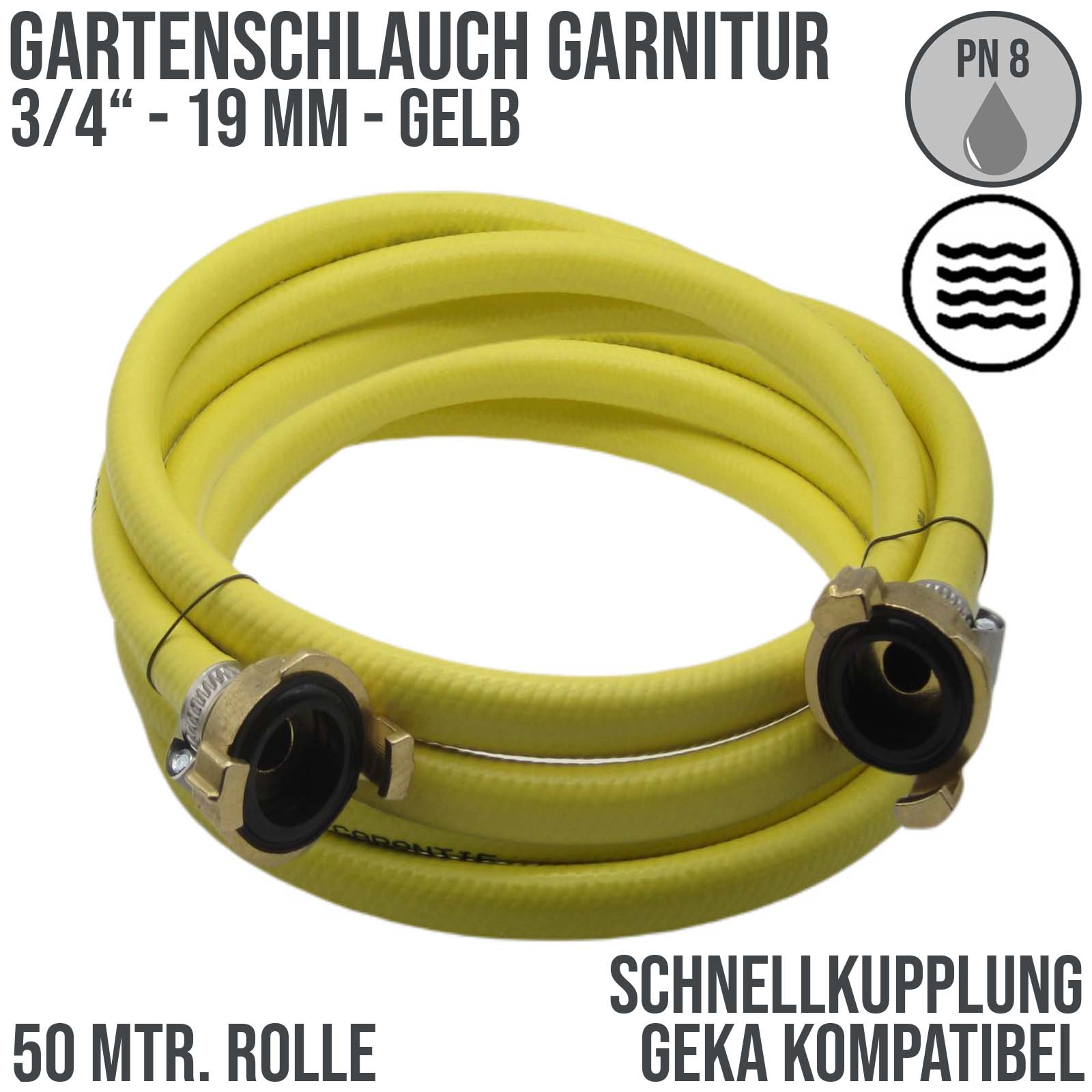3/4" 19mm Gartenschlauch Wasserschlauch Garnitur gelb 3-lagig mit Schnellkupplung - PN 8 bar - 50,0 m