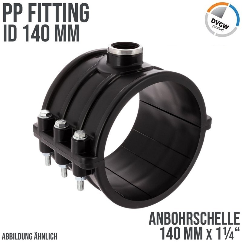 140 mm x 1 1/4" PP PE Anbohr Abzweig Schelle Klemmschale x Innengewinde DVGW [PN6]