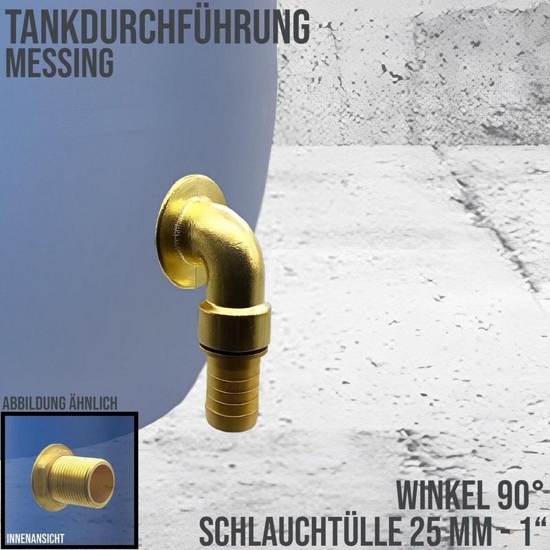90° Tank Regen Tonnen Durchführung Messing Schlauch Tülle Stutzen 25mm (1") - Anschuss Set PN 10 bar
