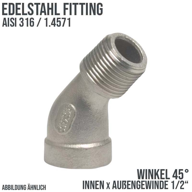 1/2" Edelstahl Fitting V4A AISI 316 Nr. 121 - Winkel 45° Innen x Außengewinde IG x AG - PN 10 bar
