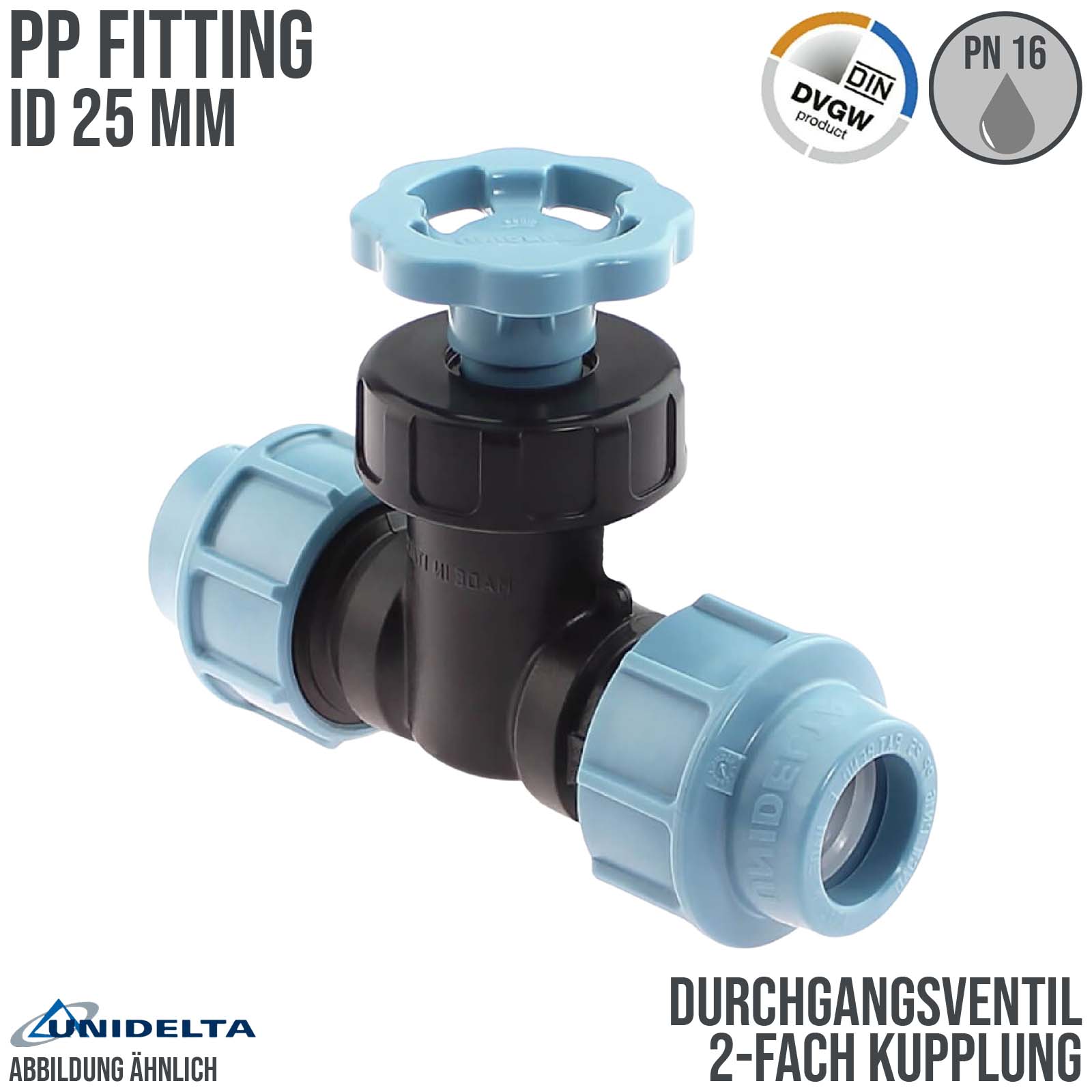 25 mm PE PP Durchgangsventil 2-fach Klemm Muffe Kupplung PN 16 bar DVGW KIWA WRAS Unidelta