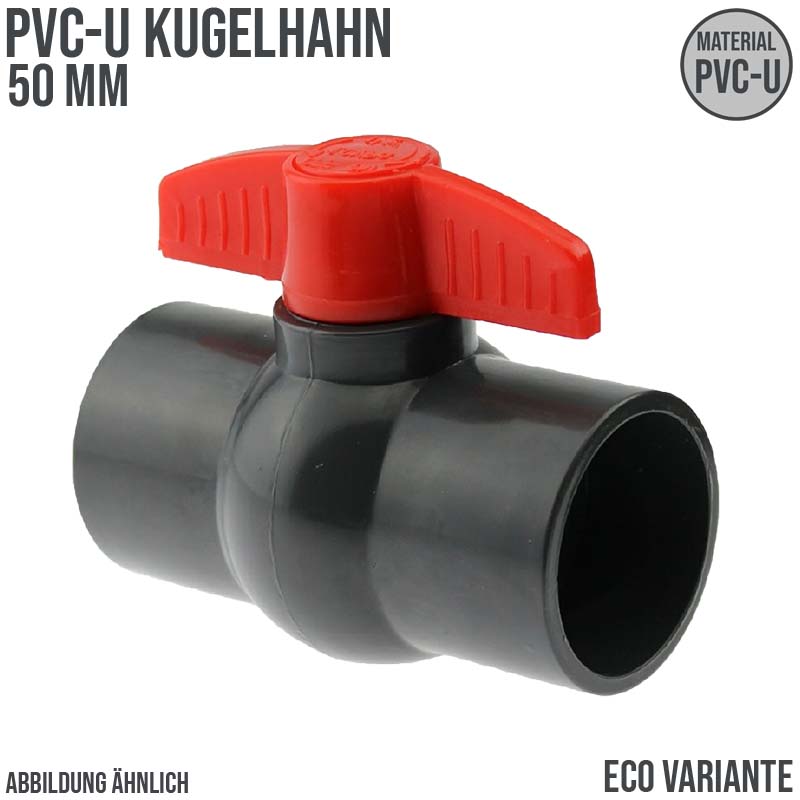50 mm PVC Kugel Absperr Hahn Ventil ECO beidseitige Klebemuffe Fitting PN 6 bar - roter Griff