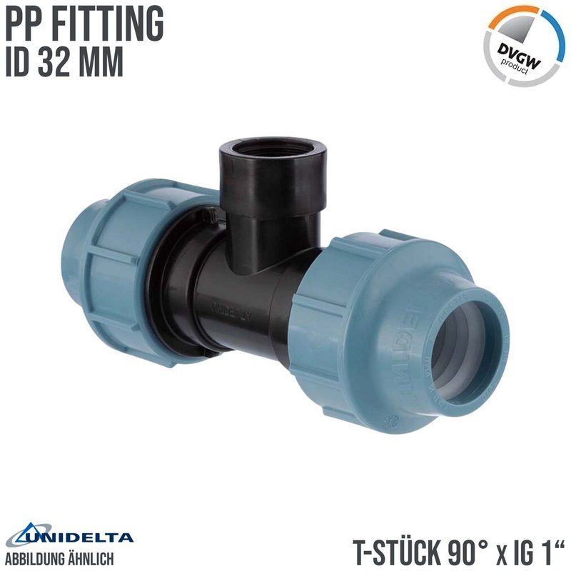 32 mm x 1" PE PP Fitting Klemm Verbinder Verschraubung Rohr T-Stück 90° x IG DVGW - Unidelta