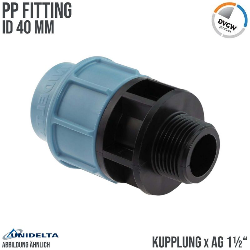 40 mm x 1 1/2" PE PP Fitting Klemm Verbinder Verschraubung Muffe Rohr Kupplung x AG DVGW - Unidelta