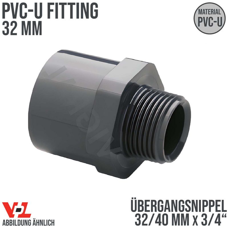 32 mm VDL PVC Klebe Fitting Übergangsnippel Achtkant 32/40 mm x 3/4" - PN 16 bar