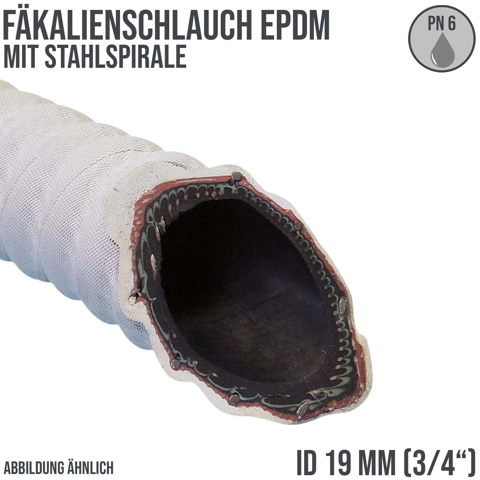 19 mm 3/4" Zoll Fäkal Fakalien Saug Ansaug Spiral Förder Abwasser Schlauch EPFM weiß PN 6 bar