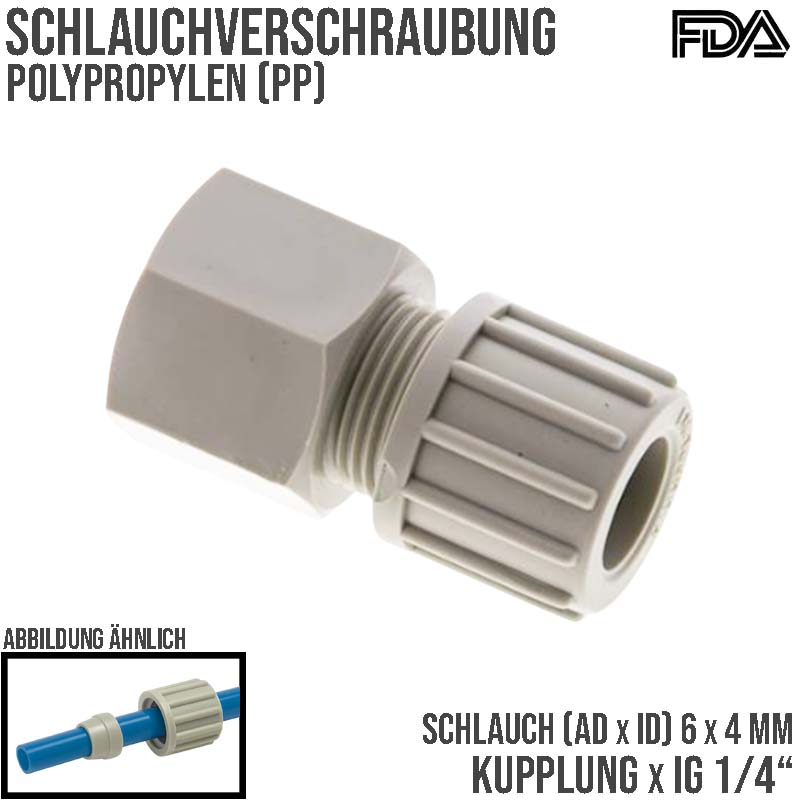 6 x 4 mm x 3/8" Kupplung Innengewinde PA PP Schlauch Verbinder FDA - PN 10 bar
