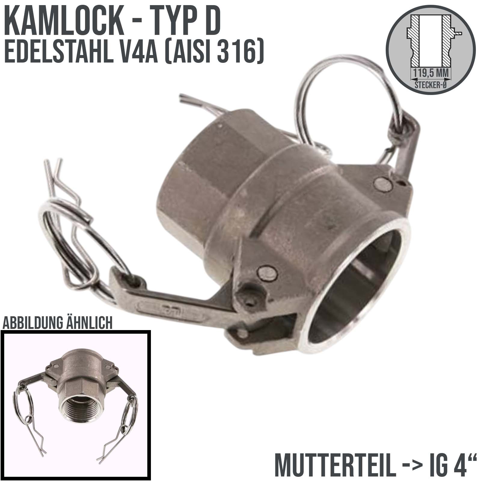 Kamlock Typ D - Mutterteil Edelstahl V4A (AISI 316) mit Innengewinde (IG) für Stecker 91,5 mm - 3" Zoll DN63 DN65 - PN 8,5 bar