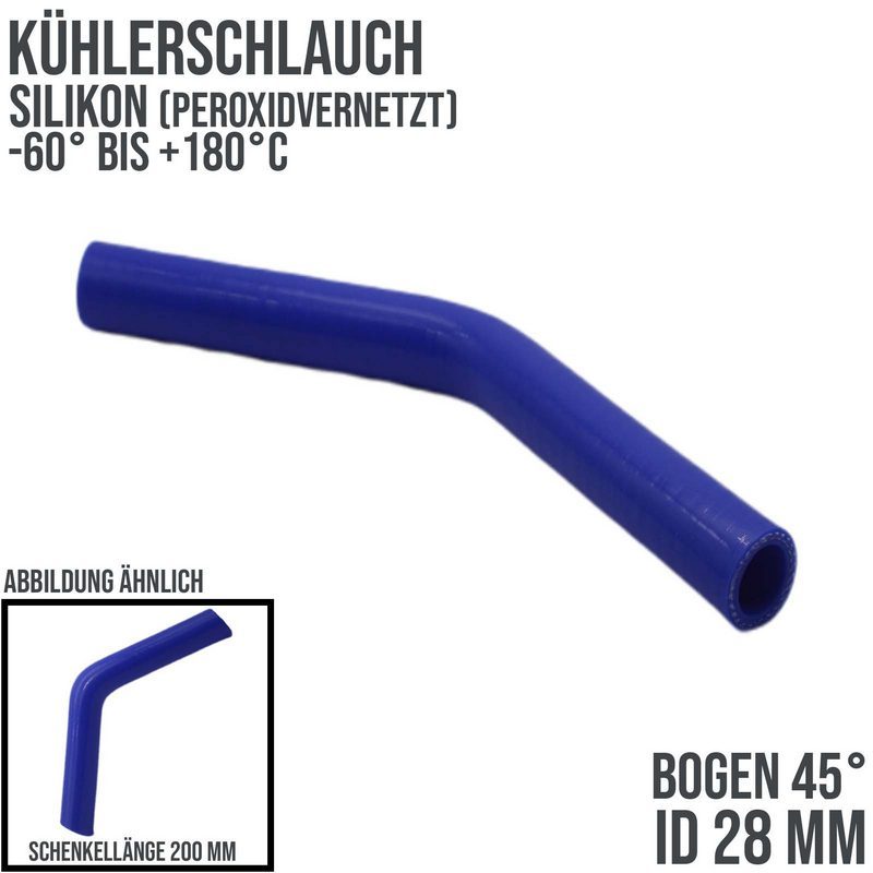28 x 36 mm Kühlerschlauch Silikon Bogen 45° LLK Ladeluft Kühlmittel Schlauch blau (6,0 bar) - 200 mm