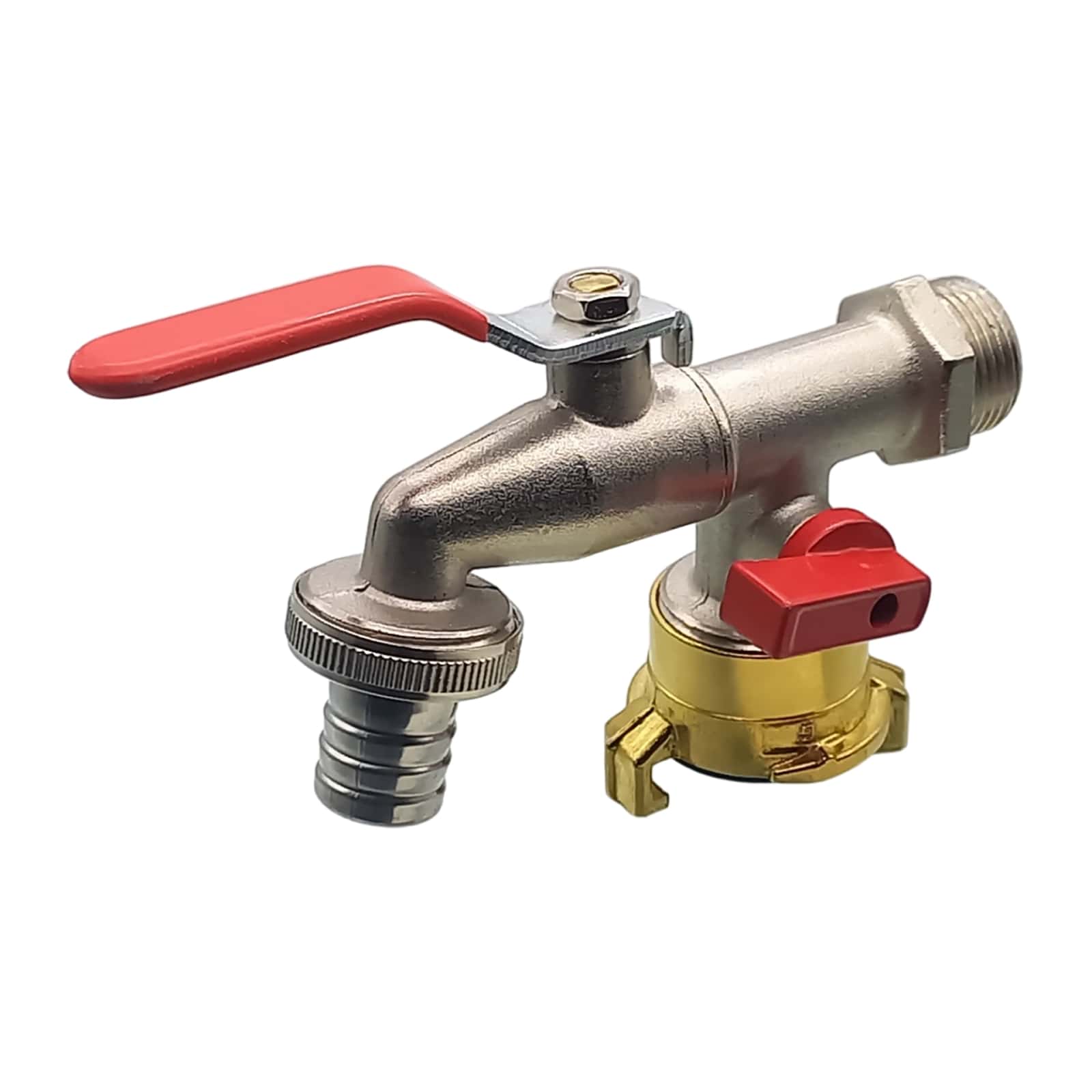 3/4" Messing Auslauf Ventil Hahn 2-fach Auslass 19 mm Tülle Schnellkupplung PN 10 bar