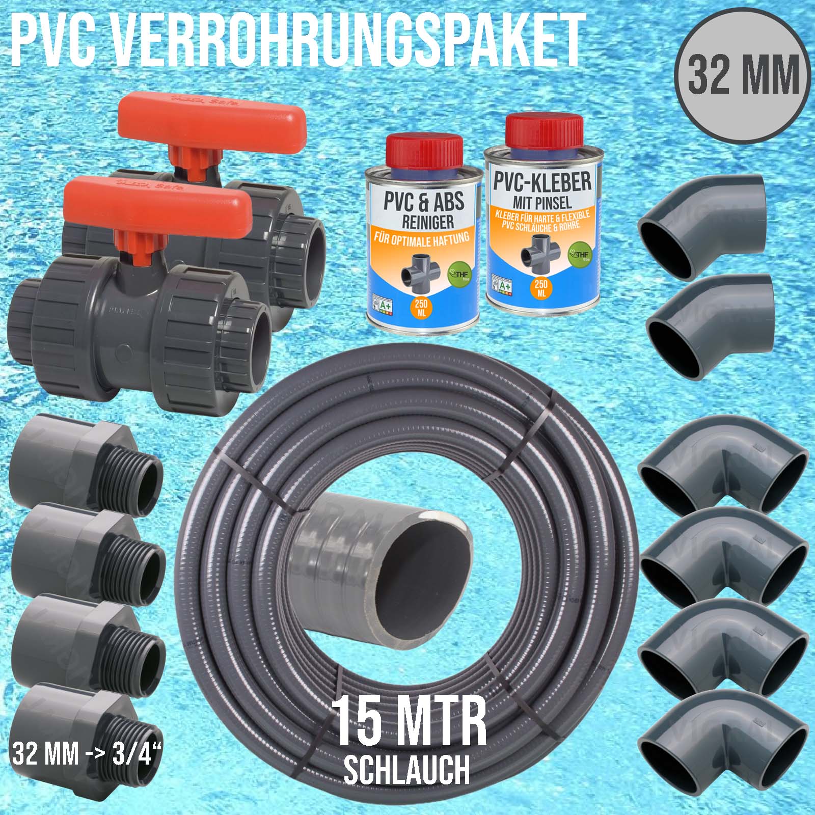 32 mm PVC Klebe Fittings Verrohrungspaket Pool Schwimmbad Schlauch FLEX (3/4") - 15 m - rot