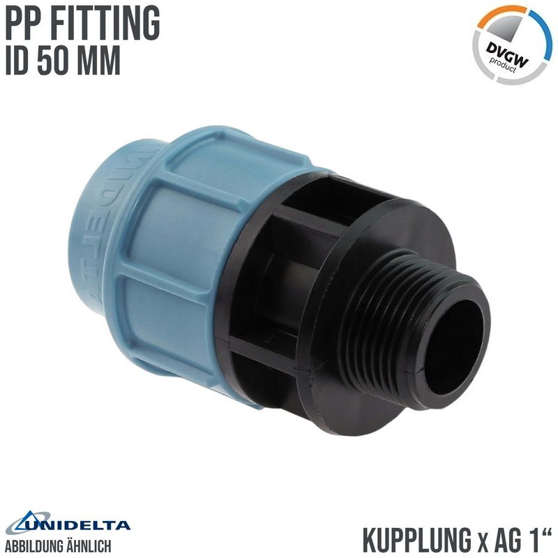 50 mm x 1" PE PP Fitting Klemm Verbinder Verschraubung Muffe Rohr Kupplung x AG DVGW - Unidelta