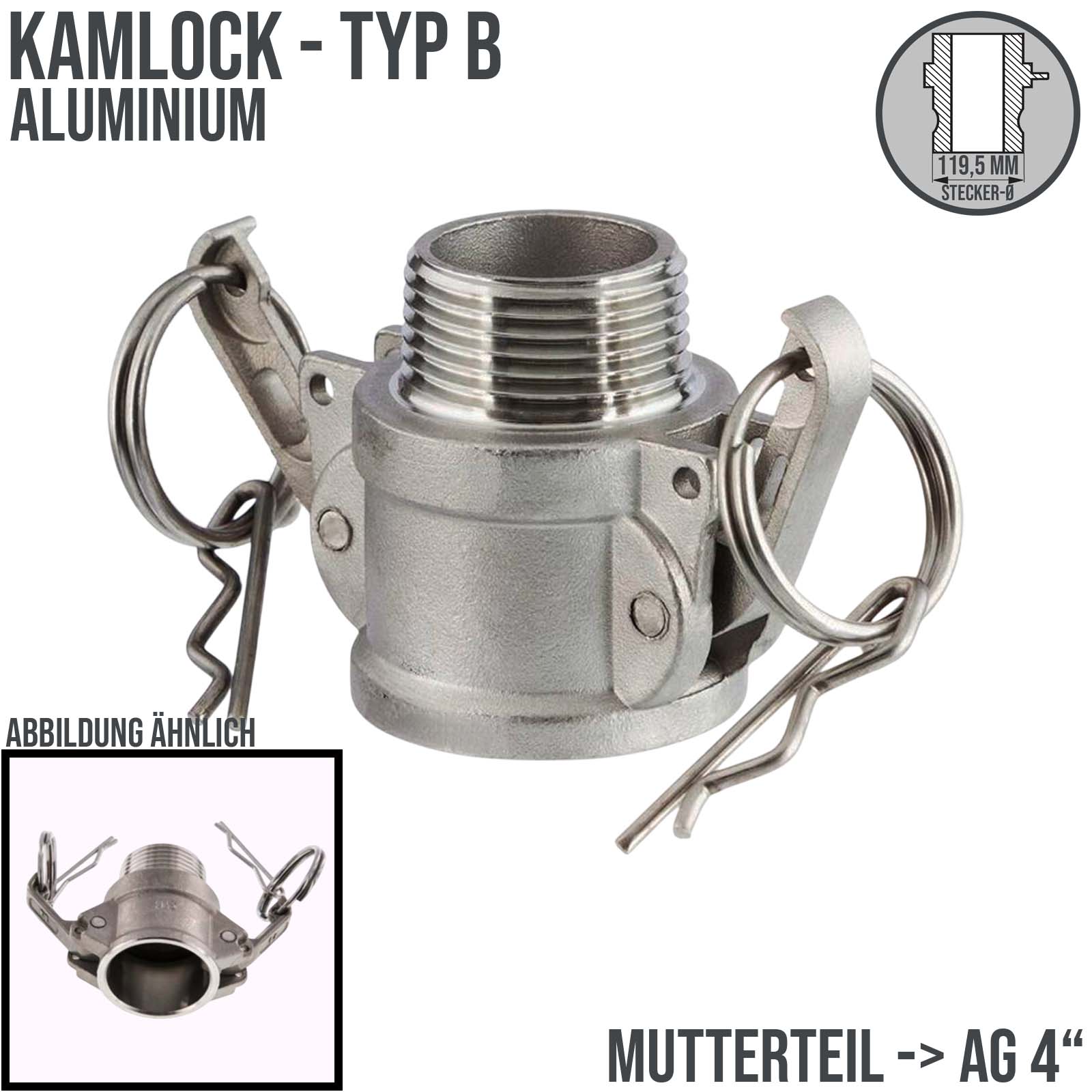 Kamlock Typ B - Mutterteil (119,5 mm) Aluminium ALU mit Außengewinde (AG) 4" Zoll DN100 - PN 7 bar