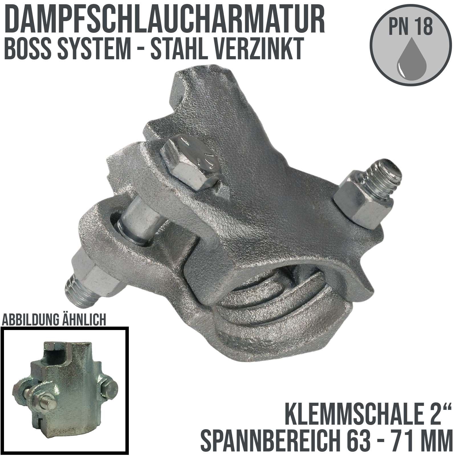 2" BOSS Klemmschale Dampfschlaucharmatur Edelstahl AISI 316 - Spannbereich 53 - 69 mm - PN 18 bar