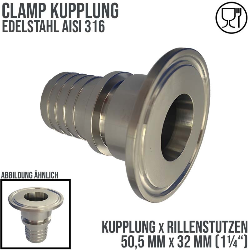 CLAMP Kupplung 50,5 mm Schlauch Stutzen Tülle Rillen 32 mm 1 1/4" - PN 16 bar