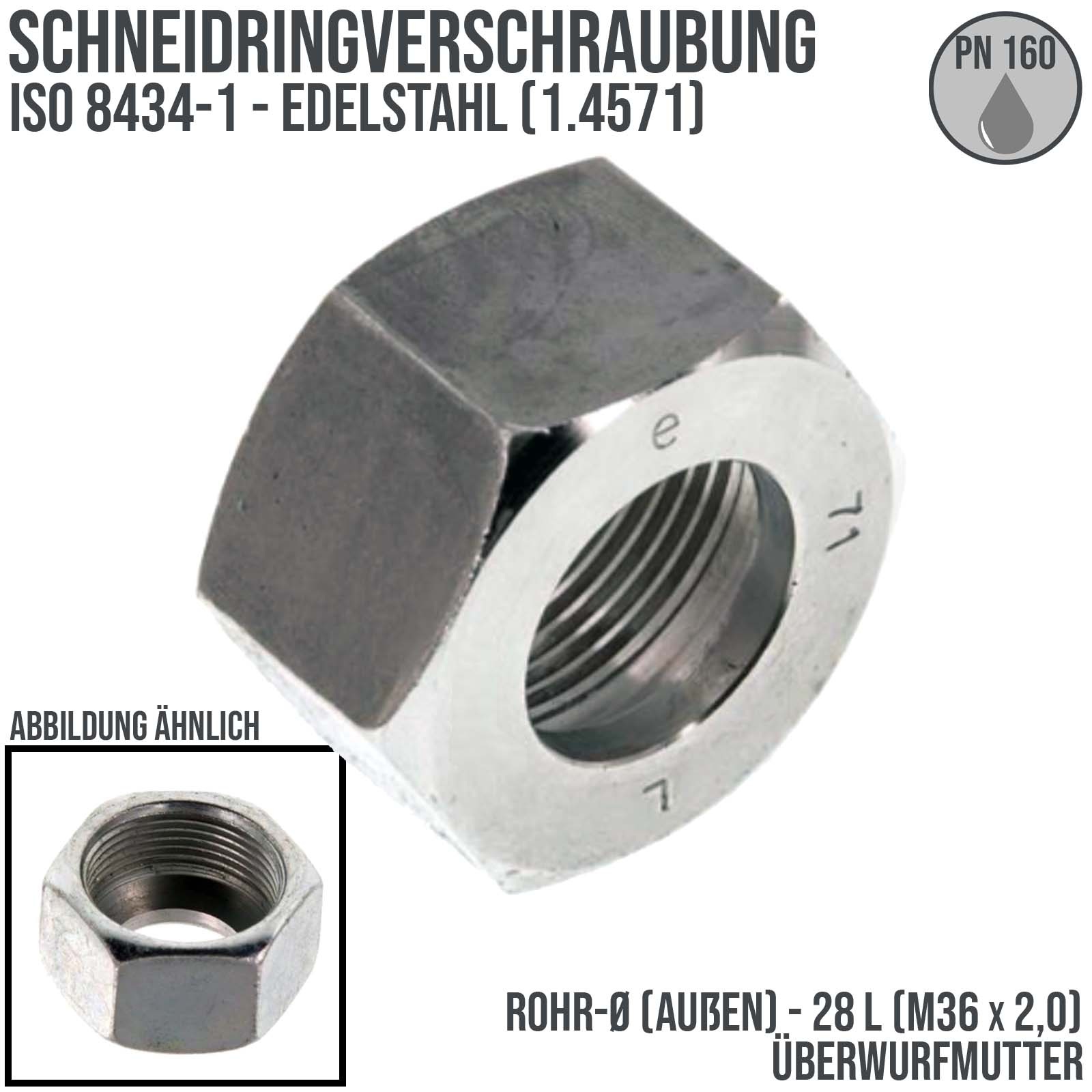 22 L Schneidring Verschraubung Überwurfmutter M 30 x 2,0 Edelstahl 1.4571 - PN 160 bar