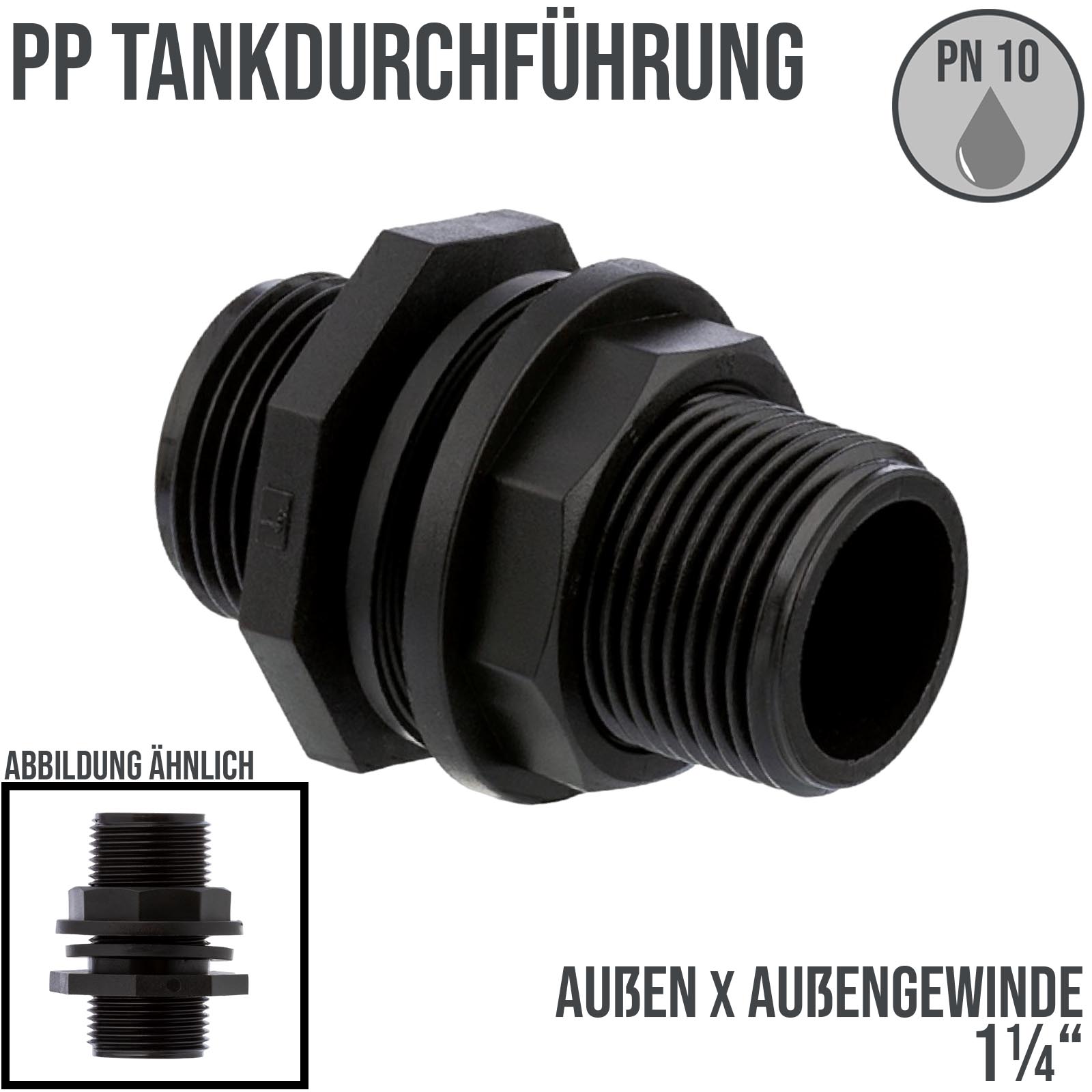 1 1/4" PP Tank Regen Tonnen Durchführung Connector Messing 2-fach Außengewinde  - PN 10 bar