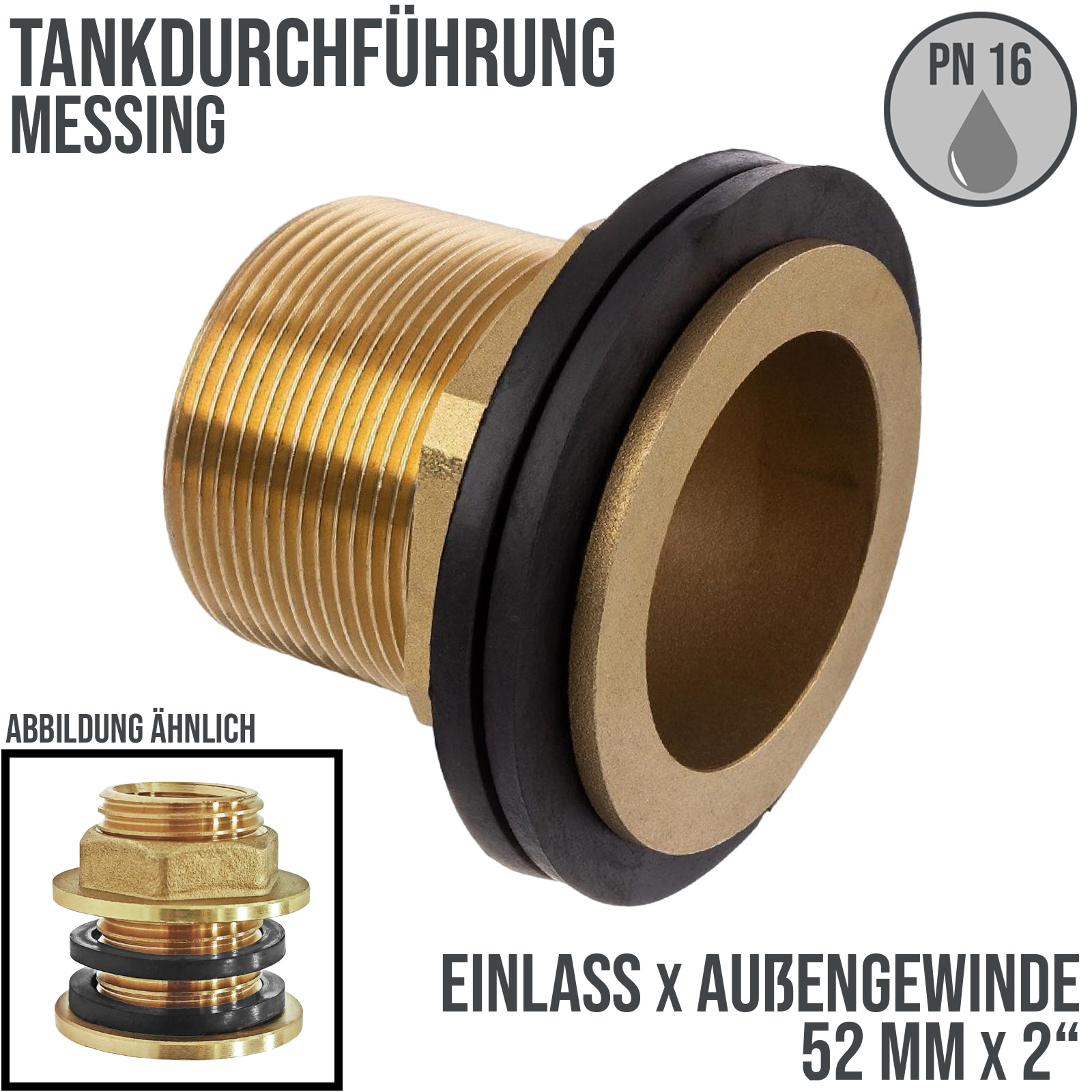 2" Tank Regen Tonnen Durchführung Connector Messing Einlass (rund) x Außengewinde  - PN 16 bar