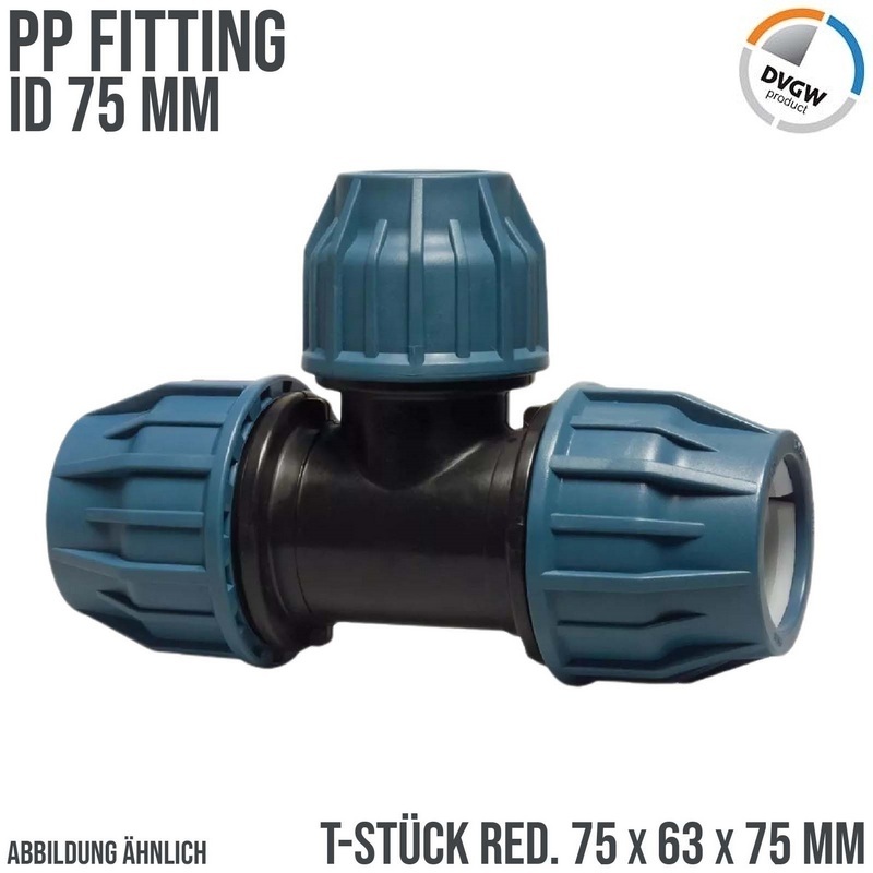 75 x 63 x 75 mm PE PP Fitting Klemm Verbinder Verschraubung Muffe reduziert T-Stück 90° DVGW - PN 16 bar