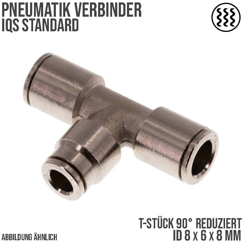 8 -> 6 mm Pneumatik Schnell Steck Verbinder IQS T-Stück 90° reduziert MSV Messing PA PU Schlauch - PN 16 bar